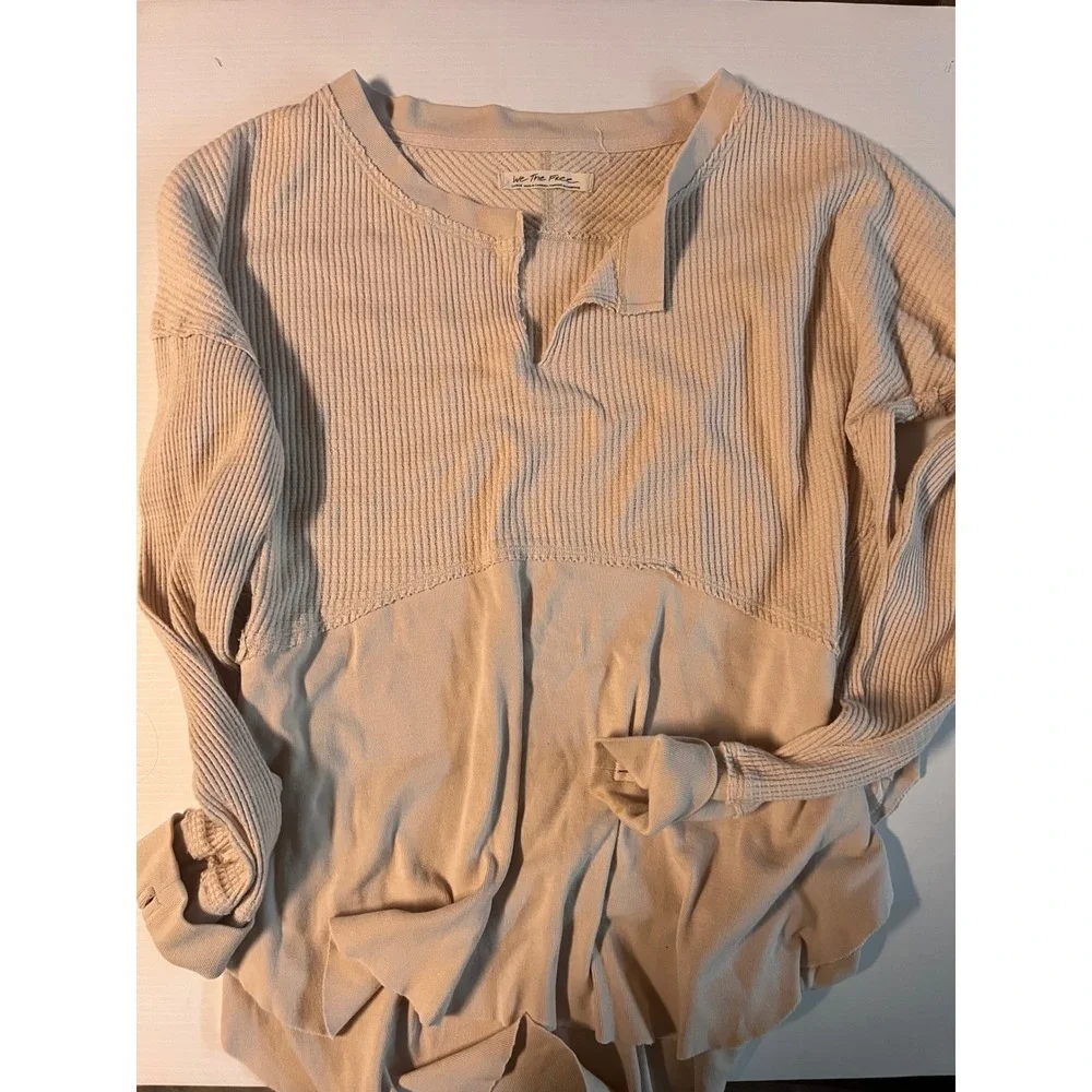 Free People We The Free Waffle Knit Henley Top Beige Mixed Media Thermal Large